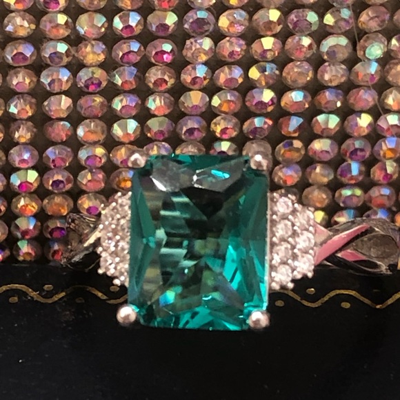 NWOT Sterling Silver Created Emerald Cut Paraiba Tourmaline Ring - Picture 1 of 10